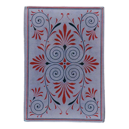 A grey and red swirl pattern on a three and a half by five inch glass tray. 
