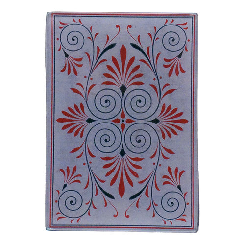 A grey and red swirl pattern on a three and a half by five inch glass tray. 