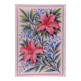 A vibrant floral pattern with a central image of two pink lily flowers surrounded by green leaves and a blue patterned border on a three and a half inch by five inch glass tray. 