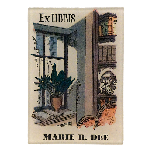 A scene of the corner of a library featuring shelves of books, a window, plant and statue of a head. This is illustrated on a three and a half by five inch rectangular glass tray. 