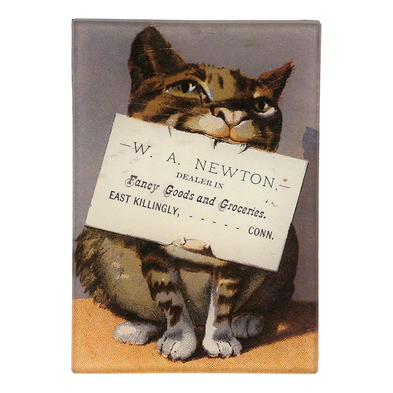 A vintage style advertisement of a cat hold a sign on a three and a half inch by five inch glass tray. 