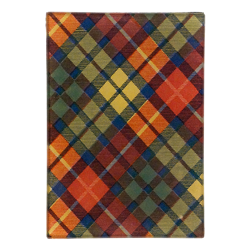 A red, yellow, blue and green plaid design on a three and a half inch by five in rectangular glass tray.