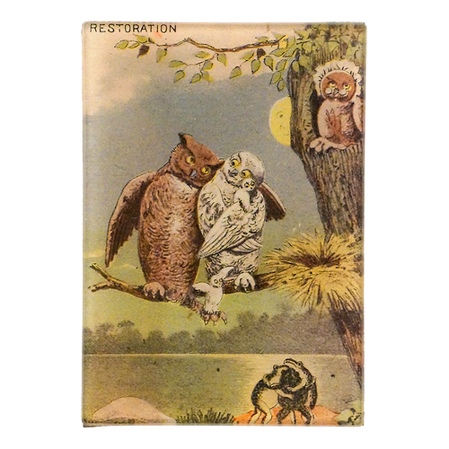 Two owls hugging on a tree branch with a third owl in the tree and three frogs hugging below. The word 'Restoration' is on the upper left corner and it is a three and a half inch by five inch glass tray. 