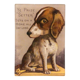 A three and a half inch by five inch vertical glass tray showing a dog sitting with text on the upper left corner reading "Ye Prize Setter Sets on a Bone all day long". 