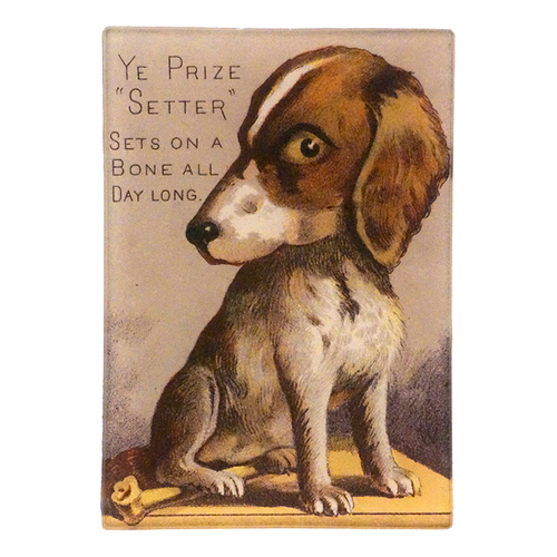 A three and a half inch by five inch vertical glass tray showing a dog sitting with text on the upper left corner reading "Ye Prize Setter Sets on a Bone all day long". 