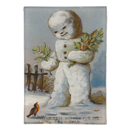 A Snowman holding holly looking down at a robin bird and the text 'With Best Wishes for the New Year' written on the bottom on a three and a half inch by five inch glass tray. 
