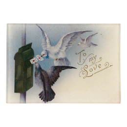 An illustration of two birds delivering mail to a mailbox with the text 'To My Love' written on the right on a three and a half inch by five inch rectangular glass tray. 