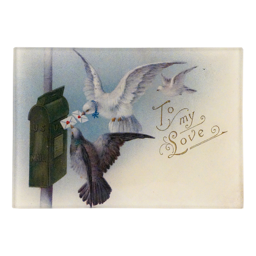 An illustration of two birds delivering mail to a mailbox with the text 'To My Love' written on the right on a three and a half inch by five inch rectangular glass tray. 