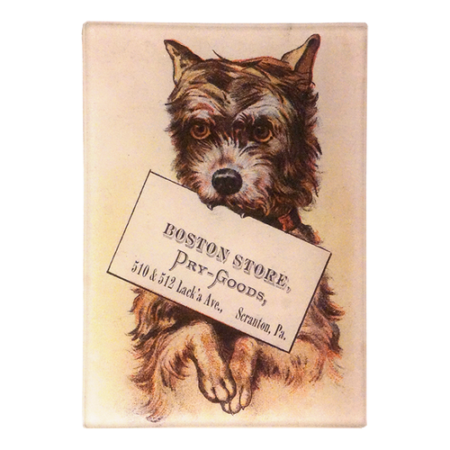 A three and a half inch by five inch vertical glass tray featuring an  illustration of a dog holding a sign with text on a beige background