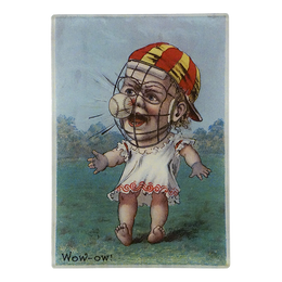 A three and a half inch by five inch vertical rectangle glass tray featuring a cartoon baby figure wearing a red-and-yellow striped cap and a white dress, standing outdoors with a baseball hitting their face. The text 'Wow-ow!' appears at the bottom left.