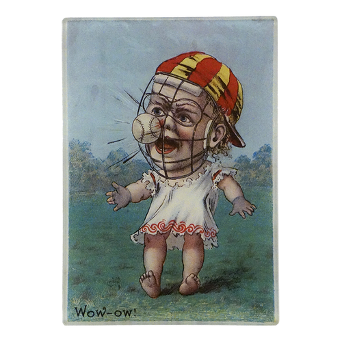 A three and a half inch by five inch vertical rectangle glass tray featuring a cartoon baby figure wearing a red-and-yellow striped cap and a white dress, standing outdoors with a baseball hitting their face. The text 'Wow-ow!' appears at the bottom left.