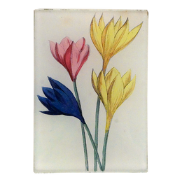 Four colorful flowers on a three and a half inch by five inch glass tray.