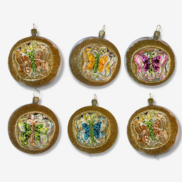 Set of 6 Gold Reflector Ornaments with Butterflies