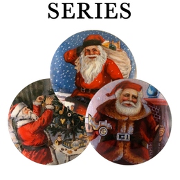 Three eleven inch round glass plates of a traditional Santa Claus figure with different scenes.
