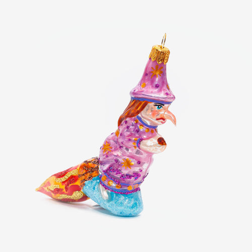 Witch in Pink on Broomstick Ornament