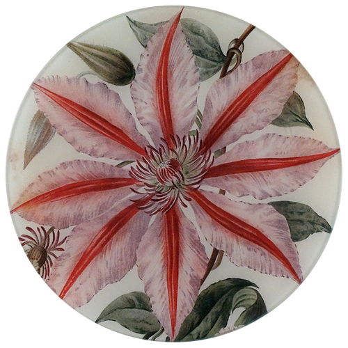 A 10-inch round plate with a floral decoupage design, predominantly featuring pink and red colors with green leaves.