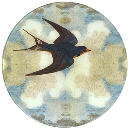 A ten inch round plate featuring a swallow bird in flight towards the right with a vintage cloud background print.