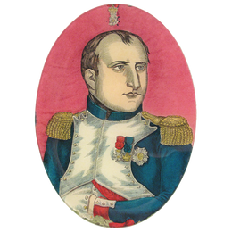 A ten inch by fourteen inch vertical oval glass plate featuring an illustration of a portrait of a Napoleon in military uniform with gold epaulettes, red sash, and medals, on a pink background.