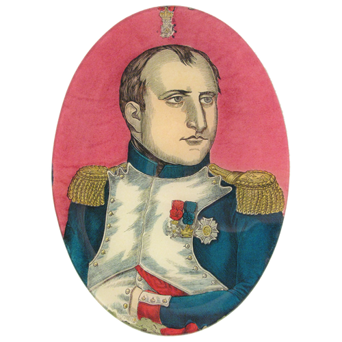 A ten inch by fourteen inch vertical oval glass plate featuring an illustration of a portrait of a Napoleon in military uniform with gold epaulettes, red sash, and medals, on a pink background.