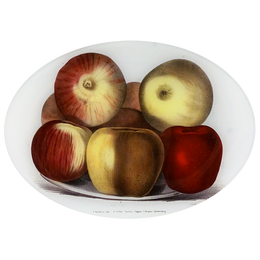 A ten inch by fourteen inch horizontal glass oval plate featuring various apples with colors including red, yellow.