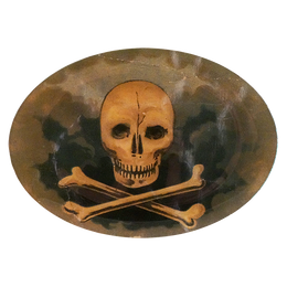 A ten inch by fourteen inch horizontal glass oval plate featuring a skull and crossbones on a dark colored background.