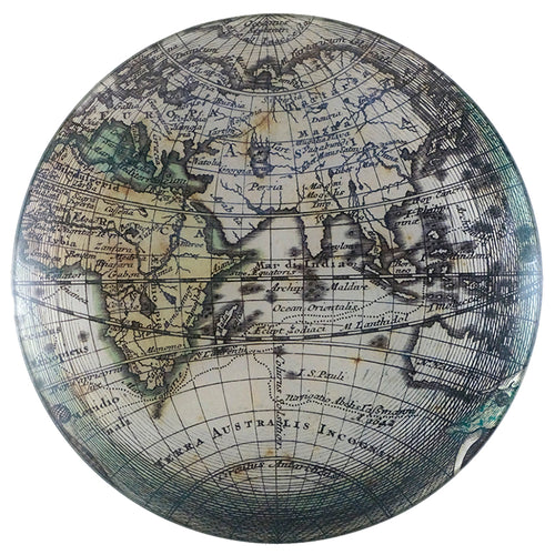 An eleven inch glass plate with a vintage map design, featuring various geographic regions with color-coded boundaries and place names.