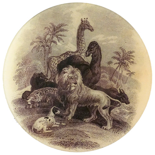An eleven inch round glass plate featuring various animals, including a giraffe and a lion, and more in a natural setting.