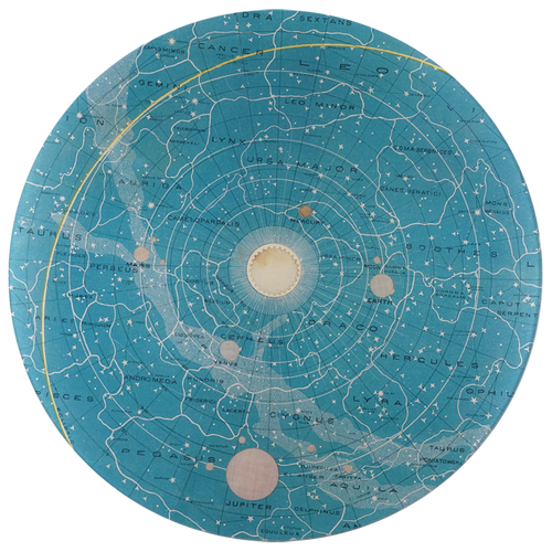 A 13-inch round glass plate featuring a celestial map with various constellations depicted in detail against a blue background.