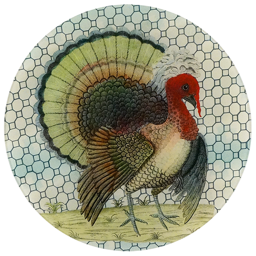 A 13-inch round glass plate with a turkey wire (crested)  featuring a vibrantly colored turkey on a patterned background.