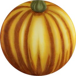 A 16-inch round glass plate of a squash with a striped orange and yellow pattern, topped with a green stem.