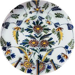 A 16-inch round glass plate with a floral pattern in various colors, including blue, green, and yellow, on a white background.
