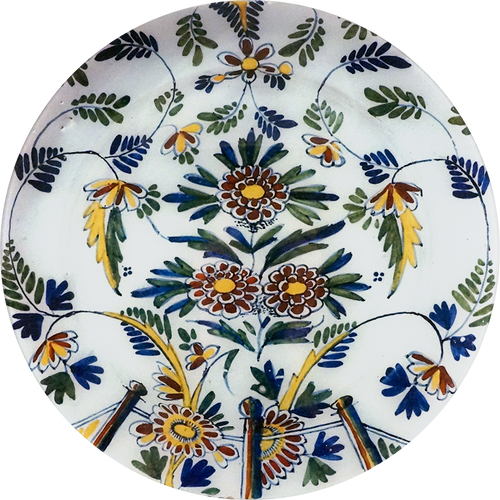 A 16-inch round glass plate with a floral pattern in various colors, including blue, green, and yellow, on a white background.