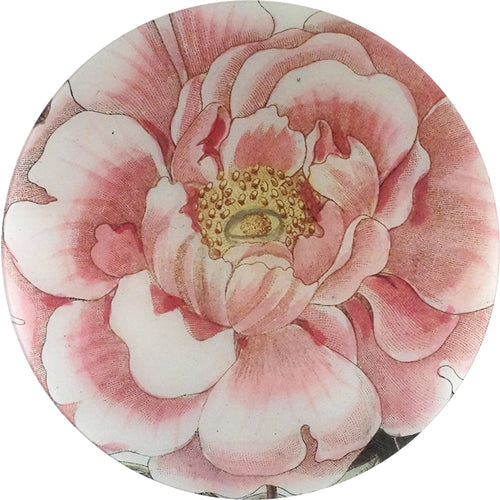 A 16-inch round glass plate featuring a pink and white floral pattern.