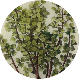A 16-inch round glass plate with a leafy green branch design.