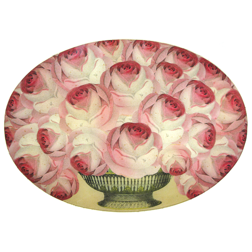 A thirteen inch by eighteen inch horizontal oval glass plate featuring a bundle of pink roses in a vintage style vase. 