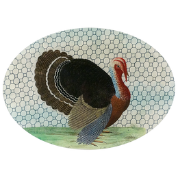 A thirteen inch by eighteen inch horizontal oval glass plate of a turkey in the center, surrounded by a geometric pattern.