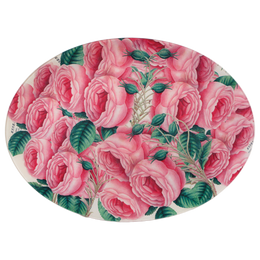 A fourteen inch by nineteen inch horizontal oval glass plate featuring an illustration of pink roses with green leaves. 