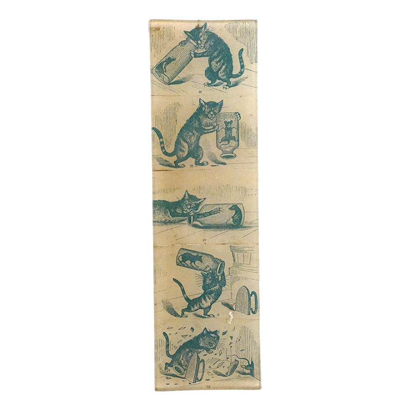 Illustrations of cats and mice in various playful poses on a three and a half inch by twelve inch glass tray.