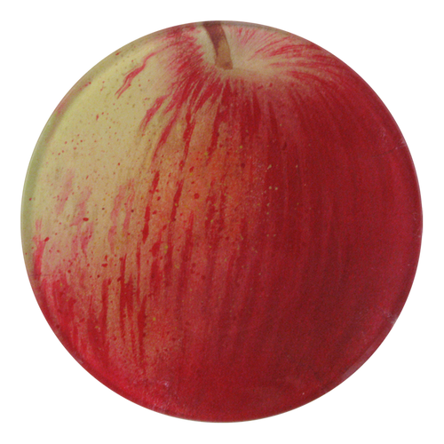 A four inch round plate close up of an apple handmade using the decoupage technique in our New York City studio