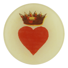 A four inch round of a red heart with gold crown 