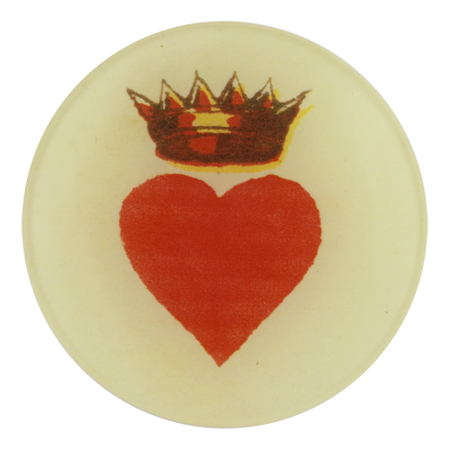 A four inch round of a red heart with gold crown 