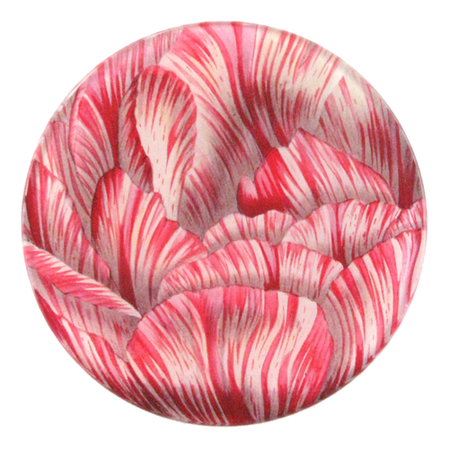 A four inch round handmade decoupage plate featuring a close up of a Double Tulip