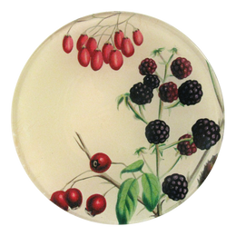 A four inch round handmade decoupage plate featuring a variety of Sweet Berries
