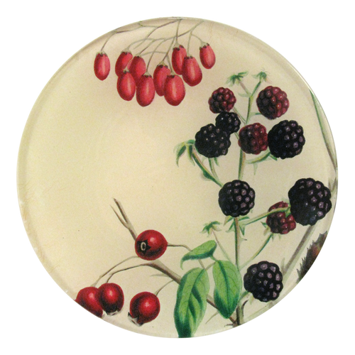 A four inch round handmade decoupage plate featuring a variety of Sweet Berries