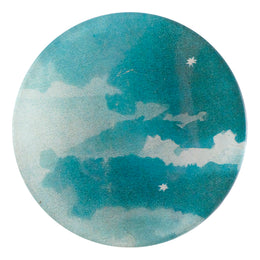 A four inch round handmade decoupage plate of the night sky with two stars