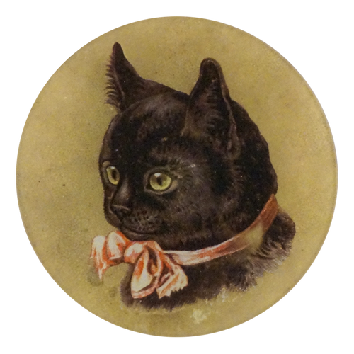 A five inch round glass plate featuring a collage of a black cat with a pink ribbon bow on a beige background. 
