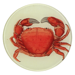 A five inch round glass plate featuring a red crab on a white background.