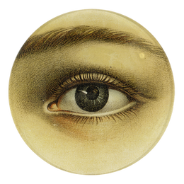A five inch round glass plate featuring an eye facing left. 