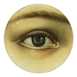 A five inch round glass plate featuring an eye facing right.