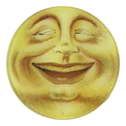 A five inch round glass plate depicting a smiling, face-like moon.